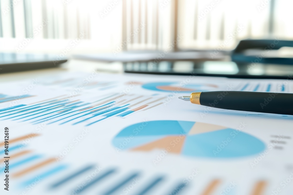Poster close-up of financial charts and graphs with a pen on a desk. ideal for business presentations and a