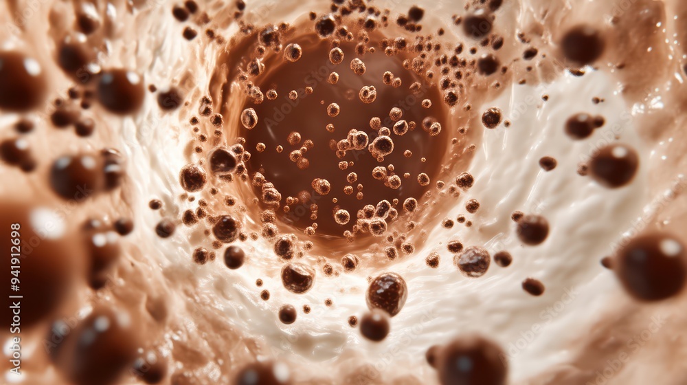 Poster close-up view of bubbles and fluid dynamics, creating an abstract representation of a chocolate-like