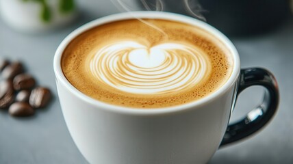 Close-up of a coffee cup with a perfect swirl of milk froth, soft steam rising, photorealistic, hyper-resolution, inviting morning ritual