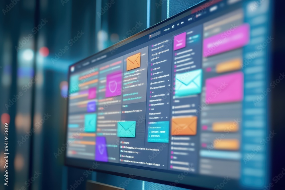 Poster colorful email client interface displayed on a modern computer screen, showcasing various messages a