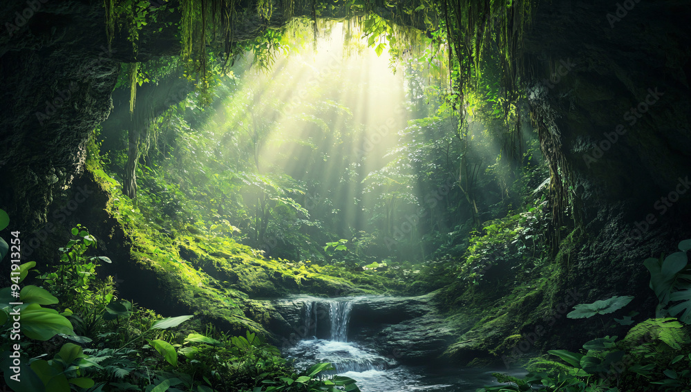 Wall mural sunrays through cave.