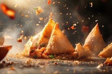 Delicious samosa filled with spiced vegetables, freshly fried and bursting with flavor, set against a smoky backdrop.
