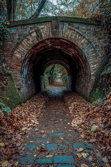 Vertical image tunnel under bridge.. Fallen leaves, seasonal.