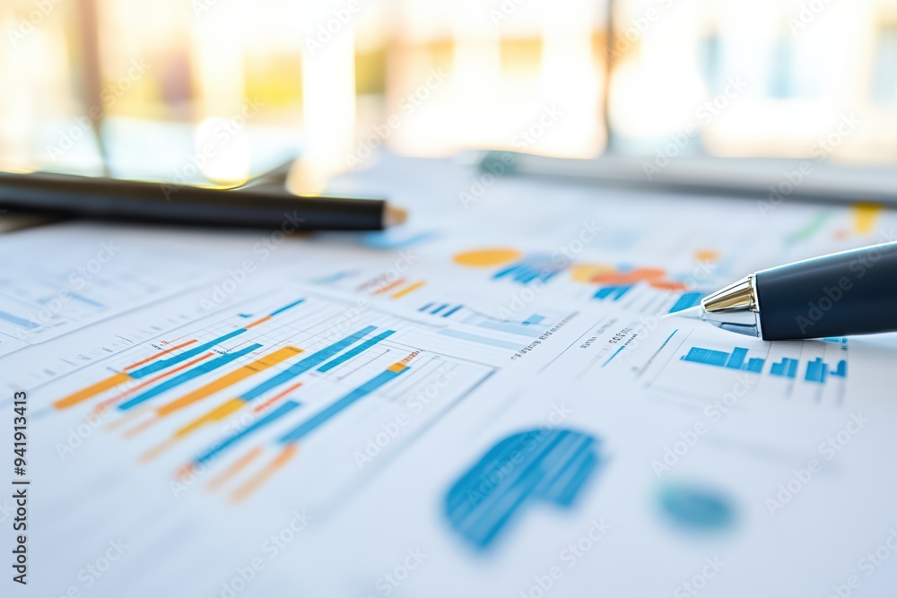 Poster detailed business report with colorful graphs and a pen ready for analysis, showcasing data-driven i