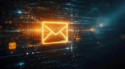 Digital envelope icon glowing in a futuristic network background, symbolizing email communication in technology.