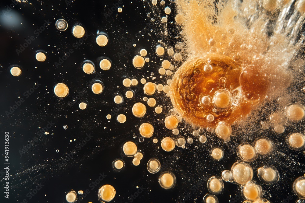 Poster dynamic splash of bubbles and liquid creating an energetic visual effect, ideal for beverage or unde