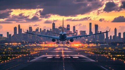 Obraz premium A panoramic view of an airplane taking off with a bustling airport terminal in the foreground and the cityscape stretching out behind.