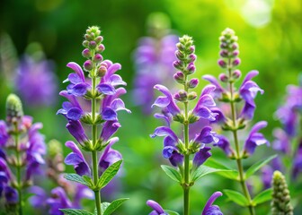 Delicate purple flowers of Scutellaria baicalensis, also known as Chinese skullcap, bloom amidst lush green foliage in a serene natural setting.