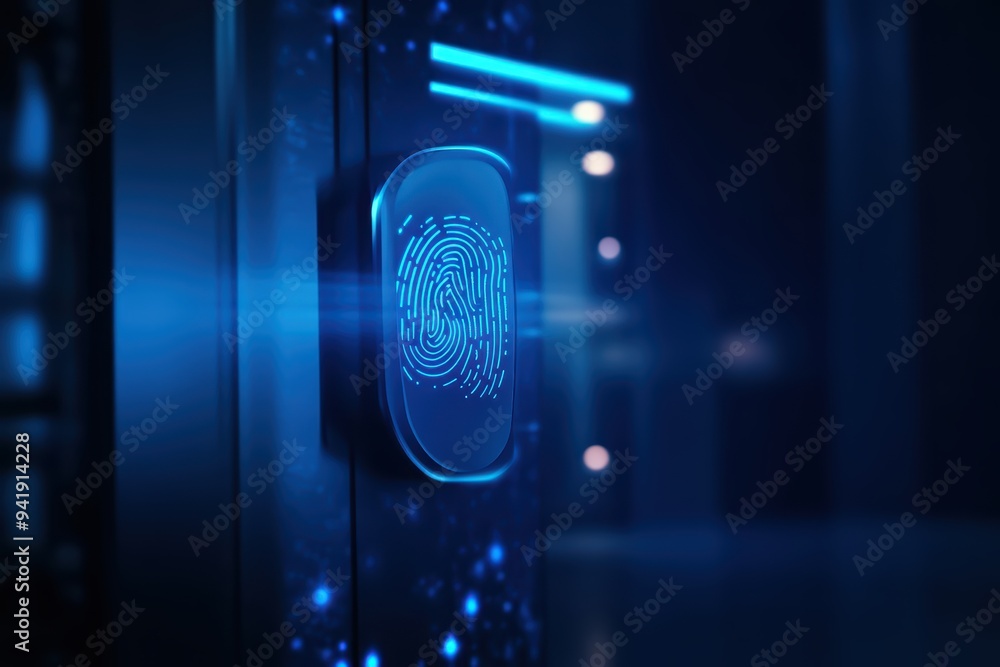 Poster futuristic biometric scanner with blue light representing advanced security technology in a digital 