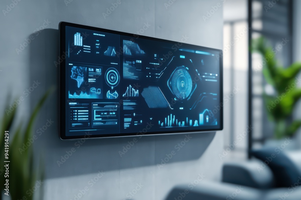 Poster futuristic control panel displaying data analytics and graphs in a modern office environment.