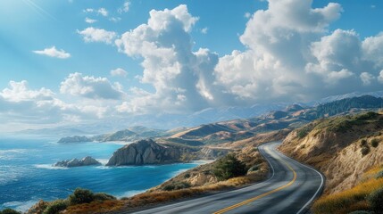 Wide shot of a coastal road with stunning ocean views and dramatic cliffs, under a bright, sunny sky