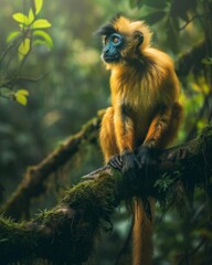 Fototapeta premium a Rhinopithecus monkey sitting on a moss-covered tree branch in a dense forest