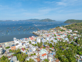 Song Cau Town, Xuan Dai Bay, Phu Yen Province, Vietnam. Aerial view of beautiful coastal village