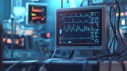 A patien view of a heart monitor, with a clear ECG line and surrounding hospital equipment in the background.