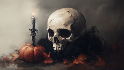 Still Life with Skull, Candle, and Pumpkin, Atmospheric Halloween Scene