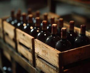 A wooden box filled with bottles of wine.