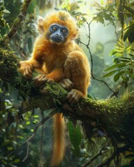 Fototapeta premium a Rhinopithecus monkey sitting on a moss-covered tree branch in a dense forest