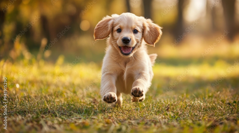 Poster A playful puppy bounding through a field, with its ears flopping and a sense of excitement in its movements.