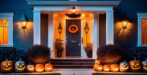 A front door decorated for Halloween including glowing jack-o-lanterns