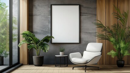 Mockup Poster Frame in a Modern Home Office Interior, Showcasing a Stylish Workspace Design with a Focus on Productivity and Creativity, Perfect for Remote Work and Professional Development in a Conte