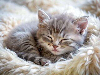 Snuggly Gray Kitten Slumber: Sleepy, cozy, curled up, soft gray fur, gentle breathing