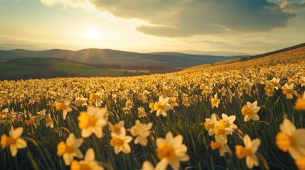 Obraz premium Wide shot of a rolling field of daffodils with their bright yellow petals glowing in the sunlight