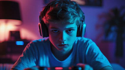 Fototapeta premium Teenager Gaming With Headphones