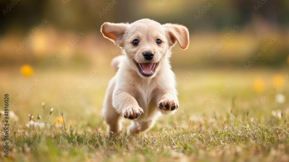 Poster a playful puppy bounding through a field, with its ears flopping and a sense of excitement in its mo