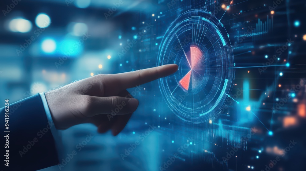 Poster a business professional interacts with a futuristic data visualization on a digital screen, showcasi