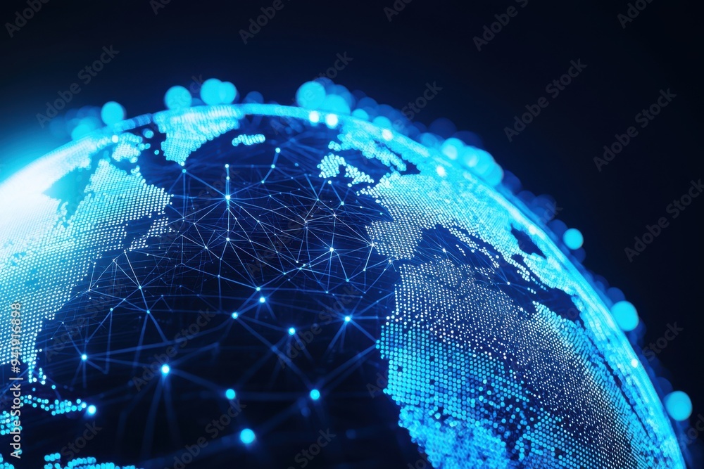 Poster a digital globe illuminated with connections, representing global networking and technology in a mod