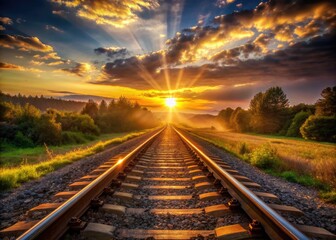 Fototapeta premium Solar Serenade: Railroad tracks leading to a distant sunrise, golden rays illuminating the path