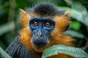 Fototapeta premium a Rhinopithecus monkey, its blue face framed by its thick golden fur, looking directly at the camera with curious eyes