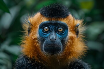 a Rhinopithecus monkey, its blue face framed by its thick golden fur, looking directly at the camera with curious eyes