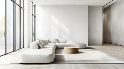 Fototapeta premium Wide view of a modern minimalist living room with sleek furniture, neutral colors, and large windows letting in natural light