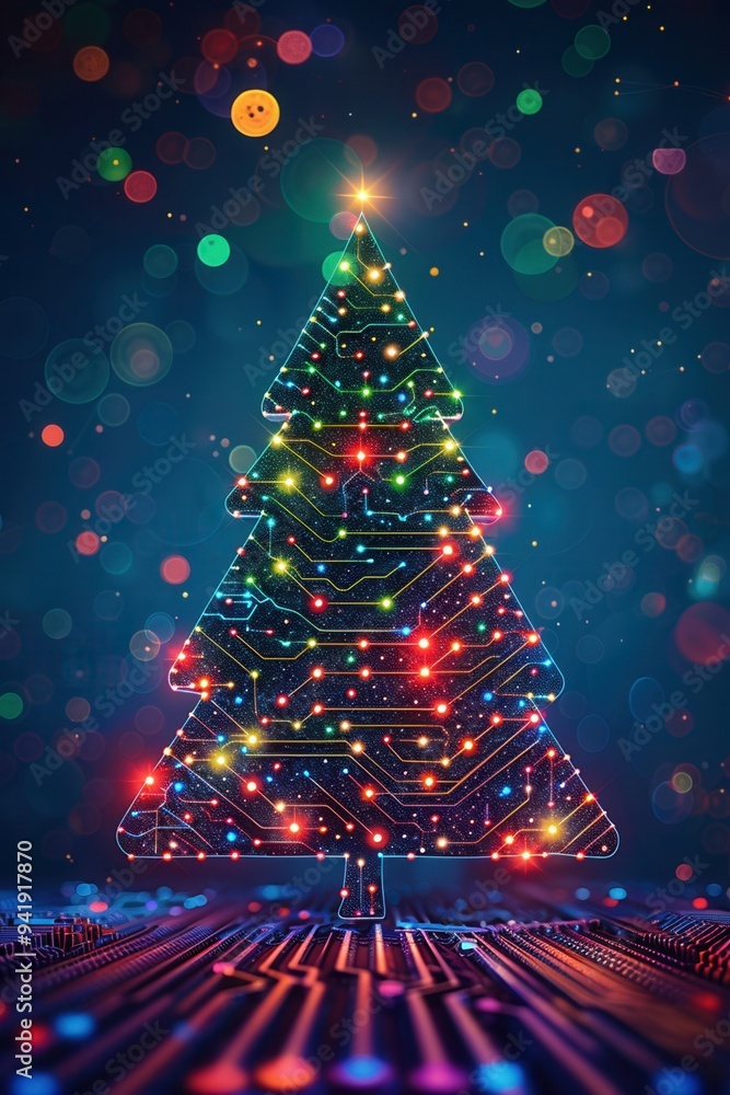 Poster digitally enhanced christmas tree with vibrant, multicolored lights and bokeh effect background, com