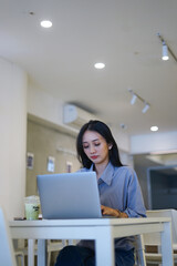 Concentrated attractive businesswoman working with laptop at modern office