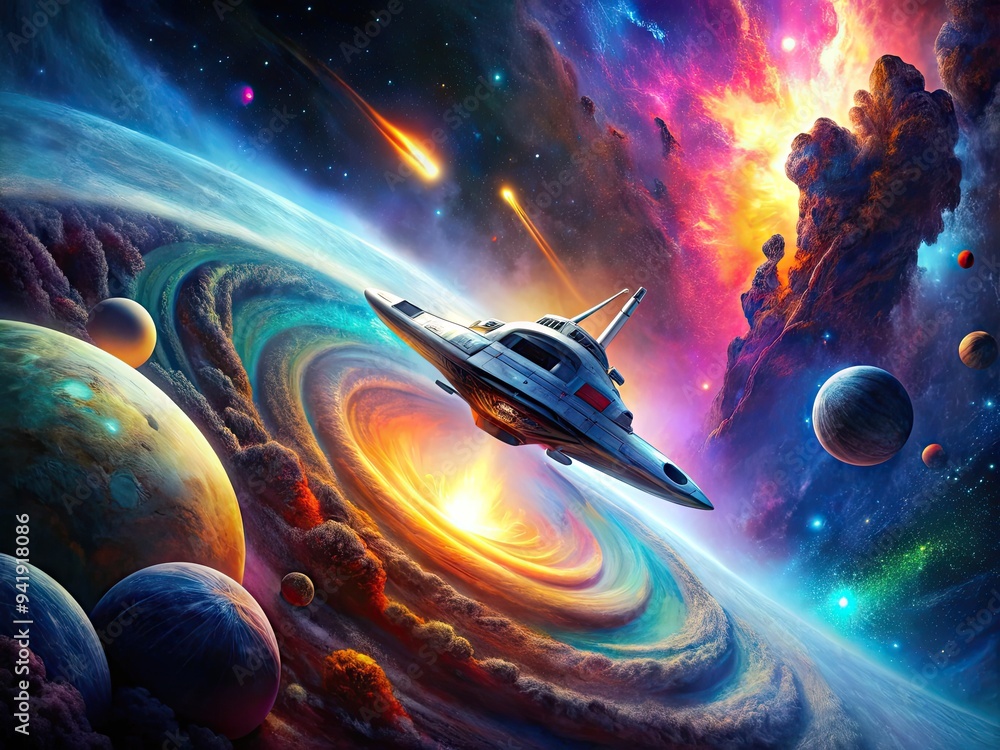 Wall mural space odyssey: illus. of a spaceship soaring through a cosmic void, hd colors deep, mood adventurous