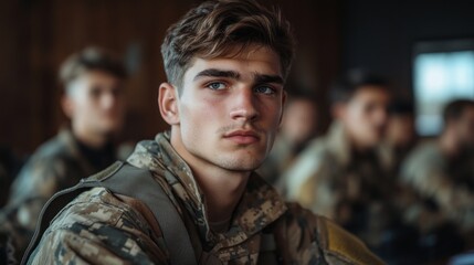 Fototapeta premium A man with a beard and blue eyes is sitting in a room with other men