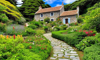 colorful stone villa, castle on the lake