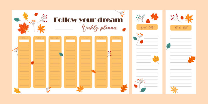 weekly planner with autumn leaves. Vector illustration.