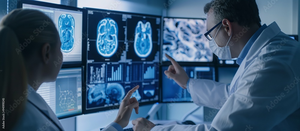 Poster laboratory experts in healthcare use advanced technology and data analysis of brain scans to enhance