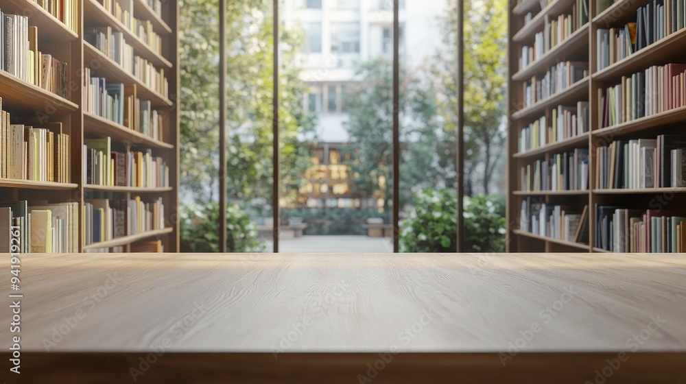 Poster a library with a wooden table in the middle of it