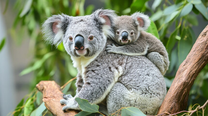 Koala Mother and Baby Cuddle in a Tree