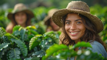 Joyful woman harvesting coffee beans in a lush plantation, surrounded by fellow workers and greenery. Generative AI