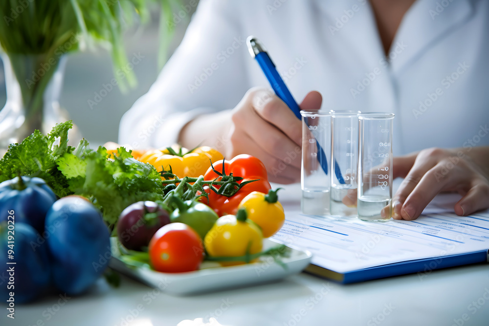 Wall mural Food Quality Control: Scientists Testing Fruits and Vegetables in the Laboratory with Microscopes and Inspecting Grocery Specimens. Tomato, Capsicum