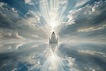 Fototapeta premium Jesus sitting on the throne in heaven and welcoming his followers. Second coming of Jesus Christ. Biblical scene. Christian religion concept