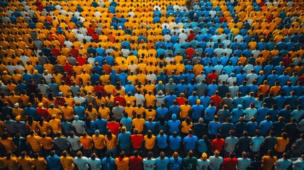 Fototapeta premium A vibrant gathering of enthusiastic fans in yellow and blue creating a stunning visual at a sporting event in the stadium. Generative AI