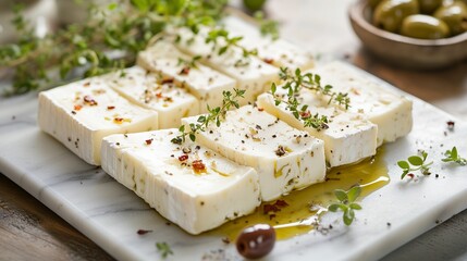 Aged goat cheese slices on marble, garnished with herbs and olives, evoke a charming Spanish appetizer.