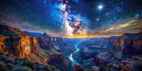 Obraz premium Starry Sanctuary: Night sky over the canyon, twinkling stars, celestial tapestry; celestial, serene, luminous, deep blues, sparkling highlights