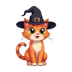 An adorable cat wearing a witch hat for halloween. White background

